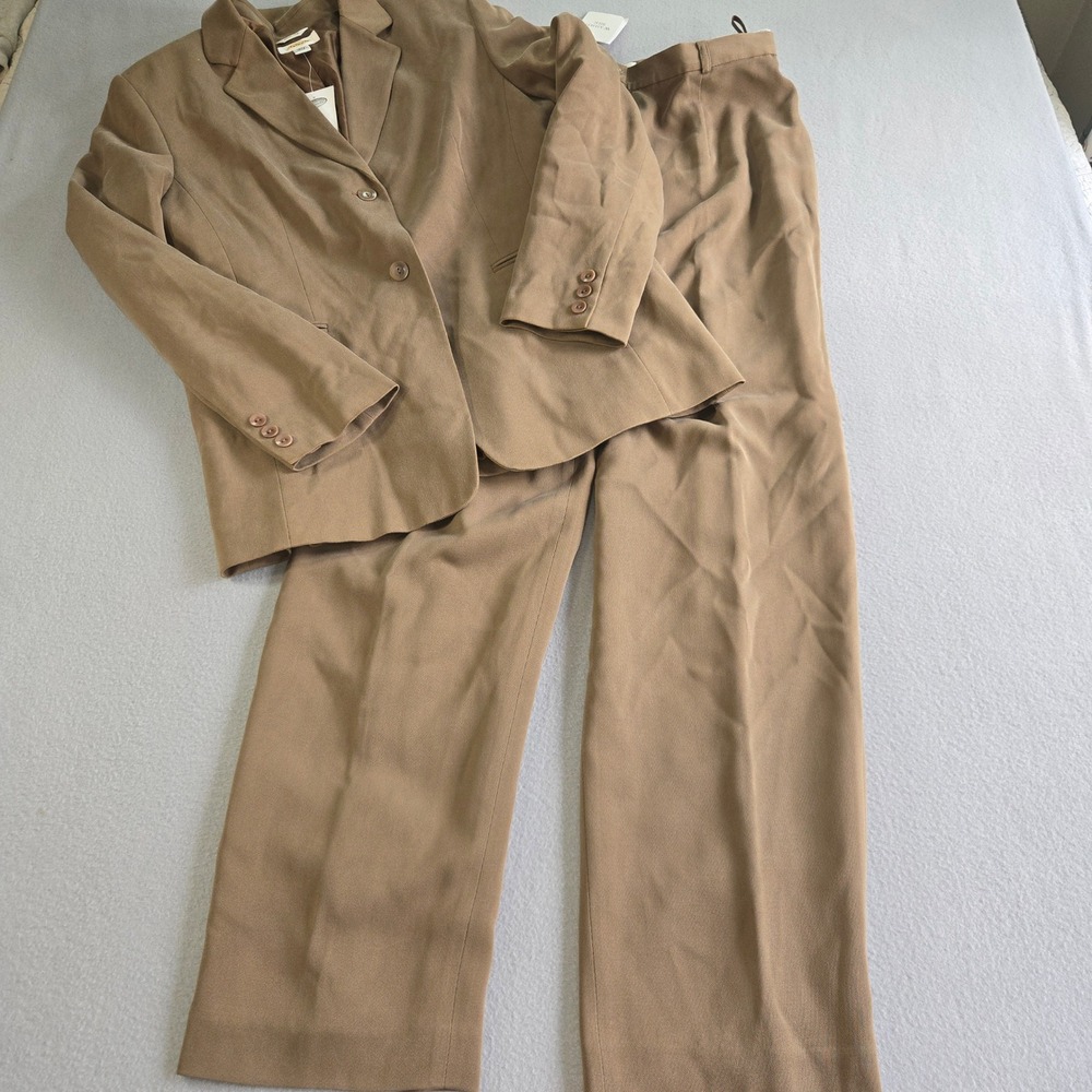 Talbots Pant Suit Womens 14 Tan Washed Pure Silk 2 Piece Blazer Trousers Set